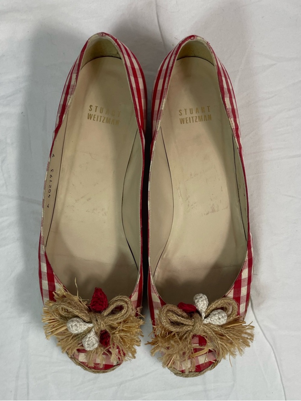 Stuart Weitzman Red Gingham Crochet Accent Open Toe Espadrille Flats
